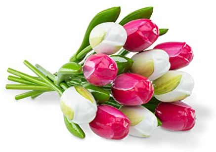 MomoMoments Holztulpenstrauß, Holzblumen, Holzdekoration, Holz-Kunstblumen, 11 Holztulpen, 34 cm, handbemalt, Blumenstrauß, Dekoration, Geschenk, Pink/Weiß Mix