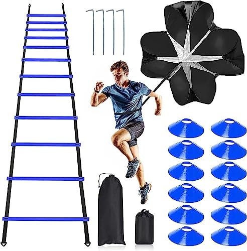 PRO Speed Agility Training Set, Include 12 pioli 6,1 m Regolabile Agility Ladder con Borsa, 12 Coni Sportivi, 4 paletti in Acciaio, 1 Paracadute Resistenza per Bambini Adulti Calcio Allenamento