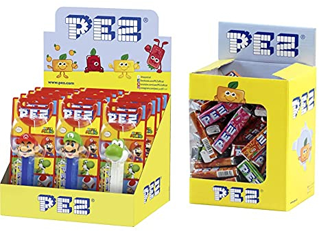 PEZ Boîte Présentoir de 12 Blisters Mario Nintendo Distributeur + Recharge & Boîte de 100 Recharges de Bonbons PEZ Fruits - Bonbon Vegan, Sans Colorants Artificiels, Sans Gluten, 5 Parfums - 850g