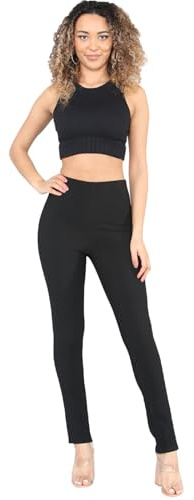 Cotton Works 2 Pack Womens Straight Leg Trousers Finely Soft Ribbed Stretch Pull On Ladies Pants Casual Full Elasticated Waist Bottoms (Black 14/29)