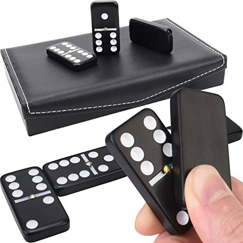 Queensell Dominos Set for Adults and Kids - Dominoes - Domino Classic Board Games, Christmas Games – Double Six Standard Dominos Set 28 Tiles with Black PU Leather Case - Juegos de Mesa
