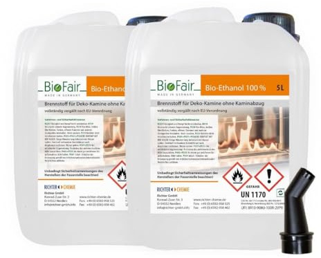 10 Liter (2 x 5L) Bioethanol 100% in geprüfter Premium Qualität für Bioethanolkamin, Ethanol Tischkamin, Wandkamin