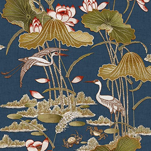 YöL Lotus Pond Navy Wallpaper - Floral Crane Bird Lily Pads Crabs Silk Textured Paste The Wall Modern Non-Woven Vinyl