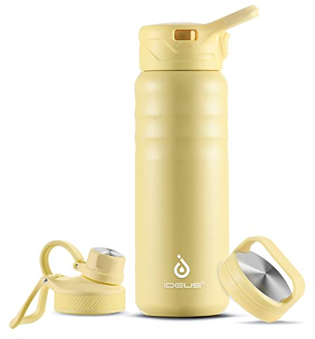 IDEUS Vakuumisolierte Wasserflasche, 24oz (710 ml) Edelstahl Doppelwand Flasche Metall Sport Kantine mit auslaufsicherem Schraubverschluss (Hellgelb)