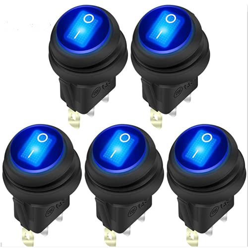Riloer Lot de 5 interrupteurs à bascule 12V 20A 3 broches marche/arrêt rond avec indicateur LED bleu, mini interrupteur à bascule automobile pré-câblé