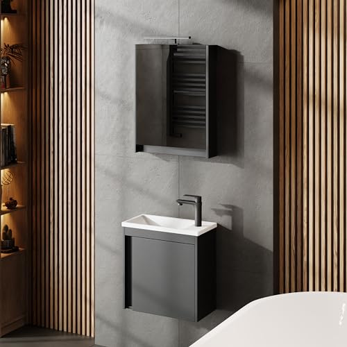 Planetmöbel Waschbecken mit Unterschrank 50 cm Grau Matt | Spiegelschrank Bad mit Beleuchtung 50 cm, Waschtisch Badmöbel Gäste WC Set, 2 teilig