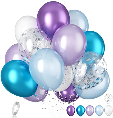 Biapian Frozen Balloons, 20 Pcs Blue Purple Balloons, 12 Inch Metallic Blue Purple Latex Balloon Silver Snowflake Confetti Balloon for Girls Frozen Snowflake Ice Snow Theme Birthday Party Decoration