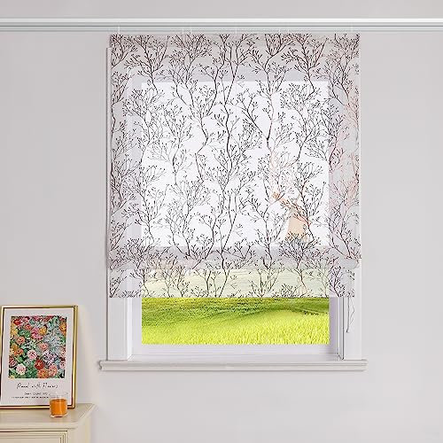 CORLIF Raffrollo mit Klettband Zweige Muster Raffgardinen mit Heißprägemuster Rollos Gardinen Landhaus Küche Transparente Bändchenrollo Modern für Fenster BxH 140x140 cm 1 Stück,Braun