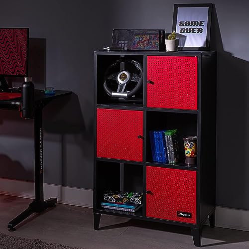 X-Rocker Mesh-Tek Tall 6 Cube Storage Unit, Bookcase Display Cabinet with 3 Cupboard Doors and 3 Shelves, Metal Sideboard Locker - Black & Red