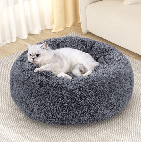 YITAHOME Katzenbett Flauschig, Katzenkorb zum Schlafen, Katzenkissen Flauschig, Katzenkörbchen hundekörbchen, Hundekissen Kleine Hunde, Hundebetten, Hundebett Rund Flauschig, 58x58x20 cm (Dunkelgrau)
