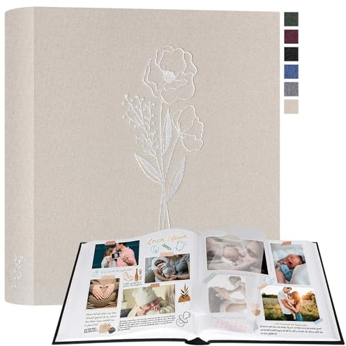 Lanpn Album Fotografico Scrapbooking, Grande Lino DIY Scrapbook 100 pagine bianche con divisori di cellofan, per foto 9x13 cm 10x15 cm 13x18 cm (Beige, 30x33,5cm)