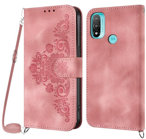 Netany Funda para Motorola Moto E20 / Moto E30 / E40 con Cuerda, Flip Billetera Funda Tapa Libro PU Cuero con Ajustable Cordón,【2 Ranuras】【Hebilla Magnética】,Funda Piel Carcasa Case Cuerda (Rosa)