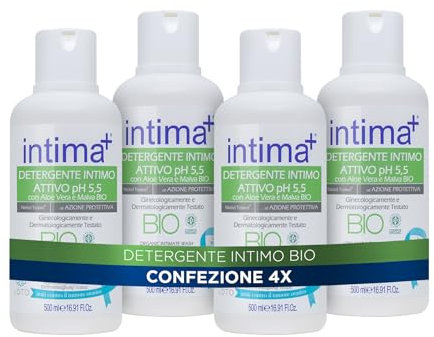 Intima+ | Detergente Intimo BIO Attivo Ph 5.5, con Aloe Vera e Malva, ad Azione Protettiva, 4 x 500ml