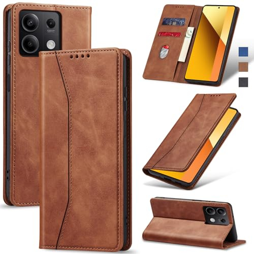 Jasonyu Skal för Xiaomi Redmi Note 13 5G,Läder Vikbart Skyddande Fodral [Hölster, Magnetisk, kortfack, stativfunktion] Wallet Leather Case Cover för Redmi Note 13 (Brun)