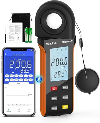 Lux Meter Bluetooth Light Meter, WapoRich Digital Illuminance Luxmeter Handheld Measure 1~400,000Lux/FC w/Ambient Temp Backlight Test for Photography Plants LED Light (RQ-5000APP)