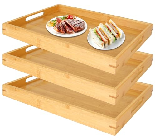 VIDETOL 3 Pièces Plateau de Service en Bambou, 35 x 25 x 3 cm Plateau Repas Rectangulaire, Plateau Bois avec Poignées pour Le Petit Déjeuner, Les Boissons et la Cuisine