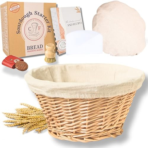 Wicker Banneton Bread Proofing Basket – 9” Round Sourdough Starter Kit with Liner & Cover – Proofing Basket for Artisan Baking – Sourdough Bread Baking Supplies & Bread Making Tools