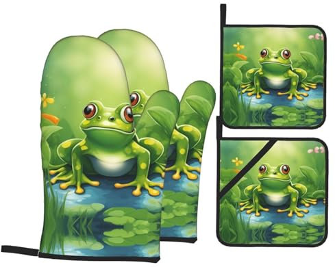 4 Stück Topflappen-Set Cartoon-Frosch-Druck Topfhandschuhe Thermoisolierung Oven Mitts Weichem Backhandschuhe Für Geschenke, Die Küche, Zum Grillen