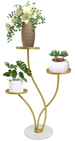 DEIGEHJRE 3-Tier Metal Plant Stand Indoor Outdoor, Tri-Level Plant Shelf Holder,Tall Plant Stands Corner Flower Stands Rack Plants Holder Display for Patio Garden Balcony Living Room, Gold+White