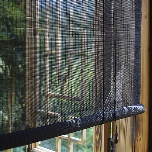 Bambusrollo für Terrasse/Garten/Fenster/Tür, 60 % UV-Schutz, Privatsphäre, Sonnenschutz, Rollläden, schwarz, Retro-Bambus-Jalousien, natürlicher Bambusvorhang, aufrollbarer Fensterschirm (150 x 180