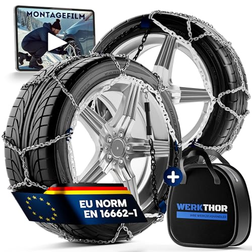 WERKTHOR 2x Schneeketten – Zugelassen für PKW – Optimaler Grip & Einfache Montage – Aus robustem Stahl – Für verschiedene Reifengrößen – EU-weit zugelassen [EN 16662-1] – inkl. Tasche