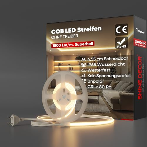Shine Decor COB LED Streifen 1m, AC 220V 230V IP65 Wasserdicht LED Band, SMD2025 286 leds/m Ultrahohe Helligkeit Lichtleiste für Küche Garten LED Beleuchtung (1M, Warmweiß, CE Zertifiziert)