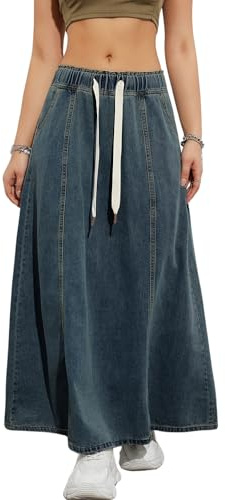 yoeasy Gonna da Donna in Denim Elastica a Vita Alta con Coulisse Casual fluida Swing A-Line Lunga Maxi Svasata Gonna in Denim, Blu Scuro, M