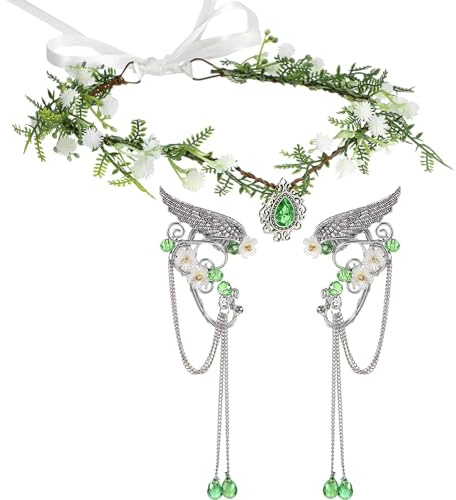 2 Stück Waldfee Kopfschmuck, Feen Kostüm Damen, Silbrig Elf Blumenkranz Stirnband und Elfenohren Schmuck, Elfen Kopfschmuck Grüner Kristall Kette für Hochzeit Karneval Halloween Cosplay