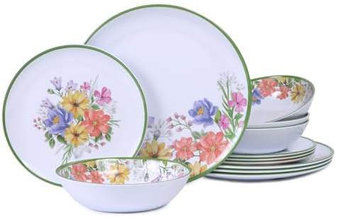 Lechoo 12-Piece Floral Melamine Dinnerware Sets, Green Camping Dishes Set | Spring Lightweight Plates and Bowls Sets, Service for 4, Unbreakable Dishwasher Safe Dish Set for Indoor & Outdoor Use