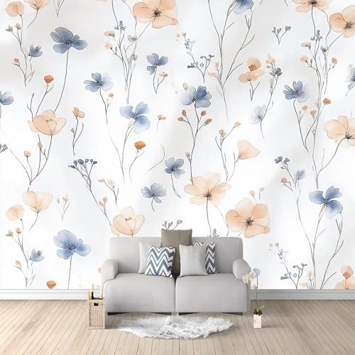 Carta da parati Fiori Selvatici Blu Acquerellati 300x210 cm Murale Carta da parati Stampa 3D Moderna, Fotomurale Decora per Camera Letto, Soggiorno, Stanza Bambini
