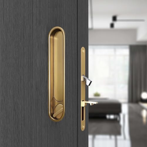 betensh Pocket Door Hardware Invisible Recessed Sliding Door Lock and Pull Pocket Door Handle Pocket Door Lock Hidden Edge Pull, Gold