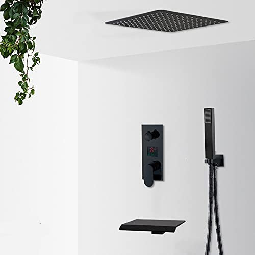 Handheld showerMatte Black Rain Waterfall Shower Faucets Set LCD Digital Display Shower System Set Bathroom 2/3 Way Shower Mixer Taps 3.12 Inch Watfall B