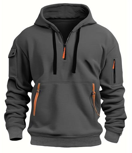 NLAND Sweats à Capuche Homme pour Hiver et Automne Veste Homme à Demi Zippé Hoodie Longues Sweatshirt de Sport Décontractée avec Multi Poches,Gris foncé XL