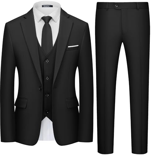 Men's 3 Piece Suit Set, One Button Slim Fit Solid Jacket Vest Pants, Prom Party Wedding Business Suits for Men Black