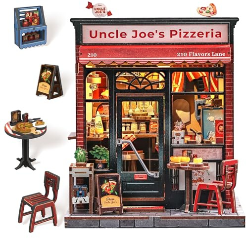 CUTEBEE Book Nook Kit - DIY Miniaturhaus Bausatz (Pizzeria-Szene) mit LED-Beleuchtung, Retro Bücherregal-Deko für Jugendliche & Erwachsene, Kreatives Geschenk (Uncle Joe's Pizzeria)