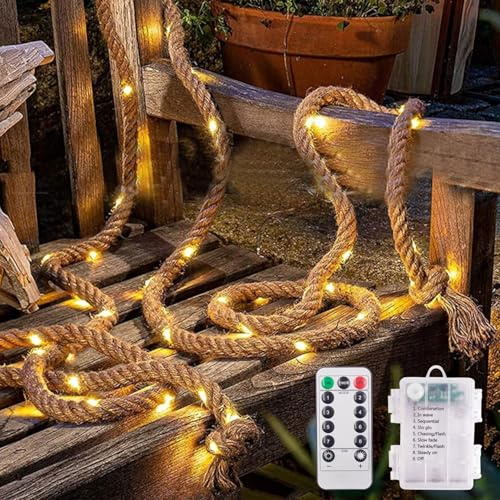 Catena luminosa a LED di canapa, 2 m, 30 LED, funzionamento a batteria, 8 modalità, per interni con telecomando, corda di canapa, per Natale, feste, matrimoni, decorazioni da giardino