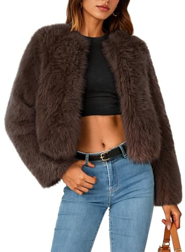 ZESICA Women's 2026 Winter Faux Fur Coats Fluffy Cropped Jacket Long Sleeve Shaggy Outerwear Fall Clothes with Pockets,Brown,Large