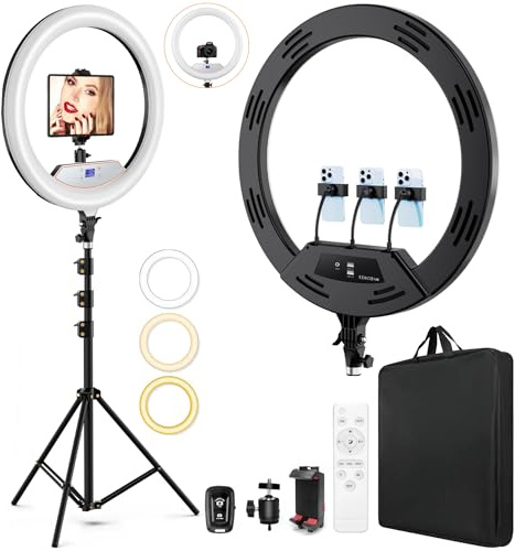 22-Zoll LED Ringlicht mit Stativ Dimmbar für iPhone/iPad mit Fernbedienung | 2600K-6500K Farbtemperatur, LCD-Display, Schwarz, Make-up, Selfie, Foto, YouTube, TikTok, Vlogging, Live-Stream, Tätowierer