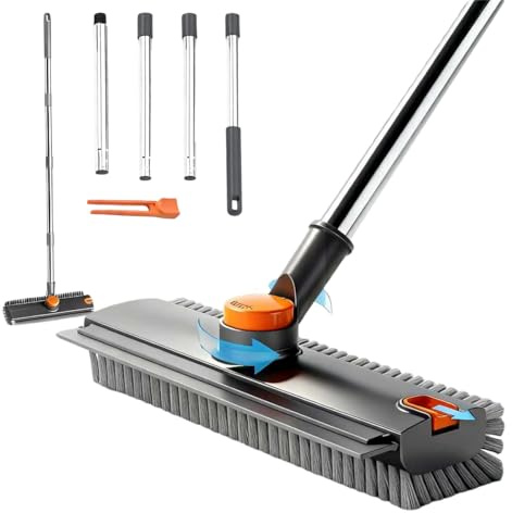 3 in 1 Floor Scrub Brush,Floor Scrubber with Squeegee and Tweezer, Push Broom with Long Handle,Heavy-Duty Stiff 90° Bristle Broom for Patio,Shower, Garage,Deck,Tile, Concrete & Wood Surface