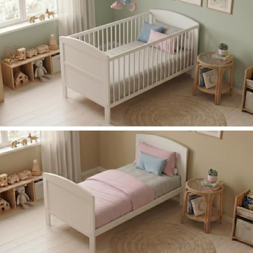 Babybett 60x120 umbaubar mit Matratze Gitterbett Kinderbett höhenverstellbar & herausnehmbare Sprossen optional mit Schublade | weitere Größe: 70x140cm | 60x120cm: von Geburt bis 3. Lebensjahr, Weiß