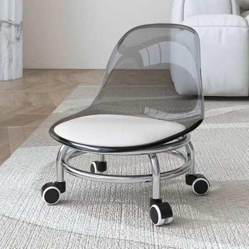 Taburete rodante con respaldo, cómodo asiento de metal acrílico con ruedas giratorias de 360 grados para el hogar, oficina, jardín, garaje o tienda