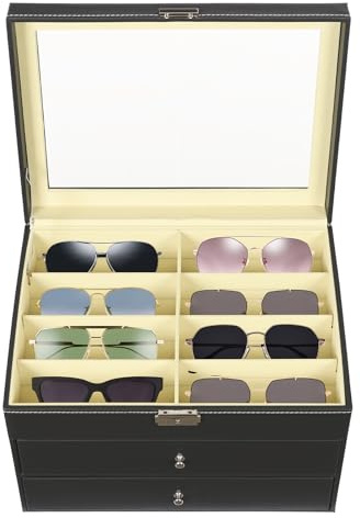 CUMELLIIR Brillenaufbewahrung 24 Brillen, Brillen Aufbewahrungsbox Brillenetuis Mit Schaufenster Aus Glas, Sonnenbrillen Aufbewahrung Brillenbox Für Mehrere Brillen, 3 Etagen