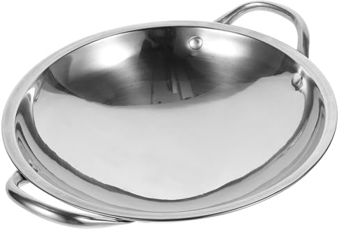 Wok in Acciaio Inossidabile con Doppia Maniglia, Padella per Cottura | Leggero e Antiscivolo, Design Rotondo, Colore Argento, per Cucina Domestica e Campeggio