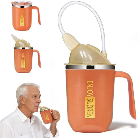 XPJBKC Schnabeltasse Senioren mit Griff, 3 in 1 400ml Schnabelbecher Senioren mit 30cm Stroh & Deckel, Trinkbecher Auslaufsicher Erwachsene für Senio-ren, Patienten Behinderte Rekonvaleszenz(Orange)