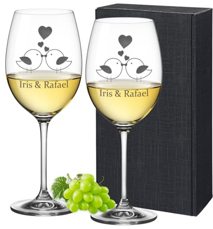 Leonardo Weingläser mit Gravur - Hochzeitsgläser Rotwein-Glas, Weißweingläser personalisiert 460 ml, Geschenkidee für Paare Hochzeitsgeschenk - Motiv Vogelpärchen