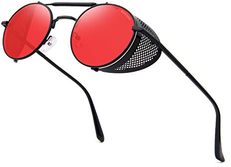 RONSOU Steampunk Stile Rotondi Vintage Occhiali da Sole Retrò Occhiali UV400 Protezione Metallo Telaio nero telaio/rosso lente
