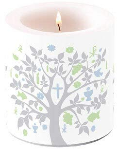 Birsppy Kerze rund Baum des Lebens Silber/grün als Tischdeko zur Kommunion, Konfirmation und Taufe Ø 7,5cm, Höhe 8cm