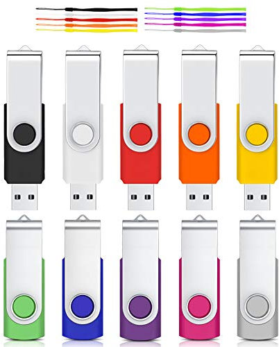 4GB USB Flash Drive, Cardfuss 10 Pack USB2.0 Memory Stick Swivel Thumb Drives USB Stick Jump Drive Pen Drive Data Storage with Led Indicator (Multi-Color with Lanyards)