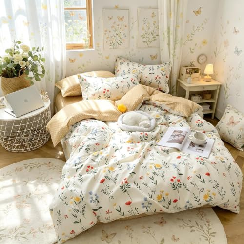 Copripiumino stampato floreale ragazze donne fiori gialli Set di biancheria da letto motivo geometria copripiumino natura botanica tema trapunta matrimoniale camera con 2 federe