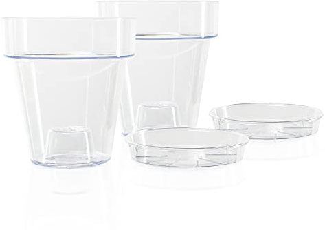 Kalapanta 2 Orchideentopf transparent aus Kunststoff mit Abflusslöchern und 2 Untertassen (2, Ø 14 cm)